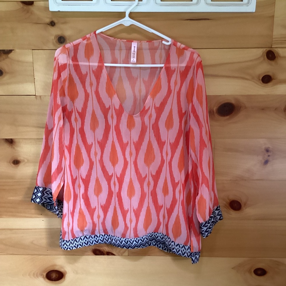 Sweet Pea by Stacy Frati Women Small Pink Orange Ikat Mesh V-Neck 3/4 Sleeve Top